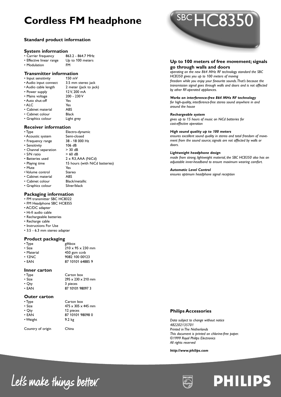 Hc8350, Cordless fm headphone | Philips SBC HC8350 User Manual | Page 2 / 2