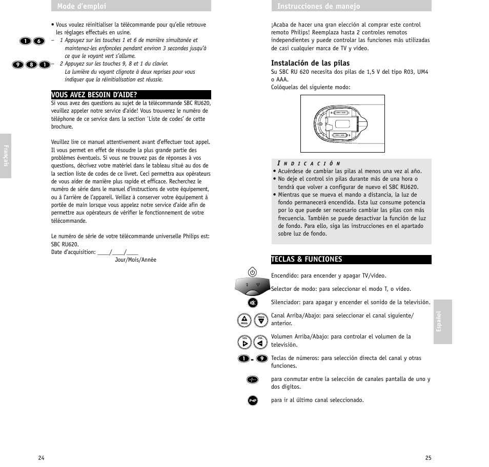 Instalación de las pilas, Teclas & funciones, Instrucciones de manejo | Vous avez besoin d’aide, Mode d’emploi | Philips SBC RU620/00 User Manual | Page 13 / 30