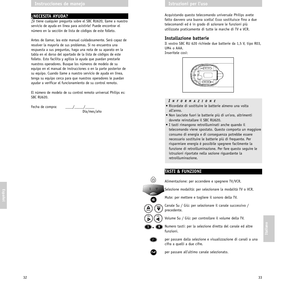 Installazione batterie, Tasti & funzioni, Istruzioni per l’uso | Necesita ayuda, Instrucciones de manejo | Philips SBC RU620/00 User Manual | Page 17 / 30