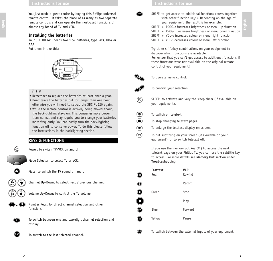 Instructions for use, Installing the batteries, Keys & functions | Philips SBC RU620/00 User Manual | Page 2 / 30