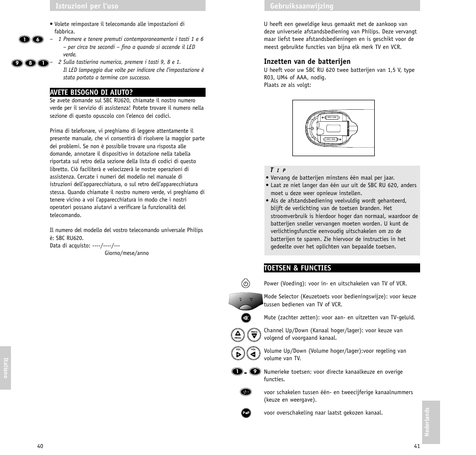 Inzetten van de batterijen, Toetsen & functies, Gebruiksaanwijzing | Avete bisogno di aiuto, Istruzioni per l’uso | Philips SBC RU620/00 User Manual | Page 21 / 30