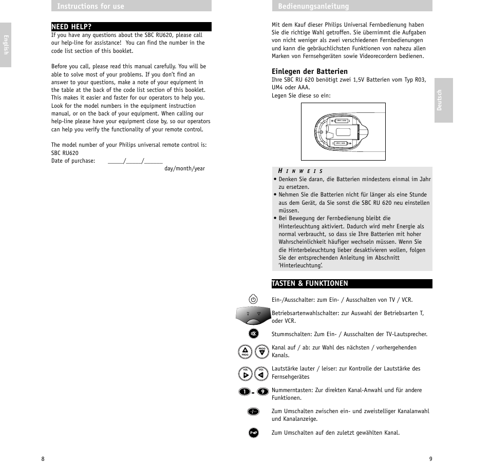 Einlegen der batterien, Tasten & funktionen, Bedienungsanleitung | Need help, Instructions for use | Philips SBC RU620/00 User Manual | Page 5 / 30