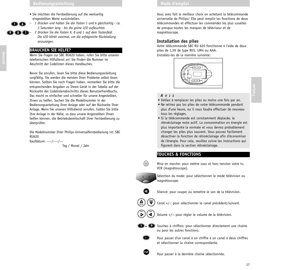 Installation des piles, Touches & fonctions, Mode d’emploi | Brauchen sie hilfe, Bedienungsanleitung | Philips SBC RU620/00 User Manual | Page 9 / 30