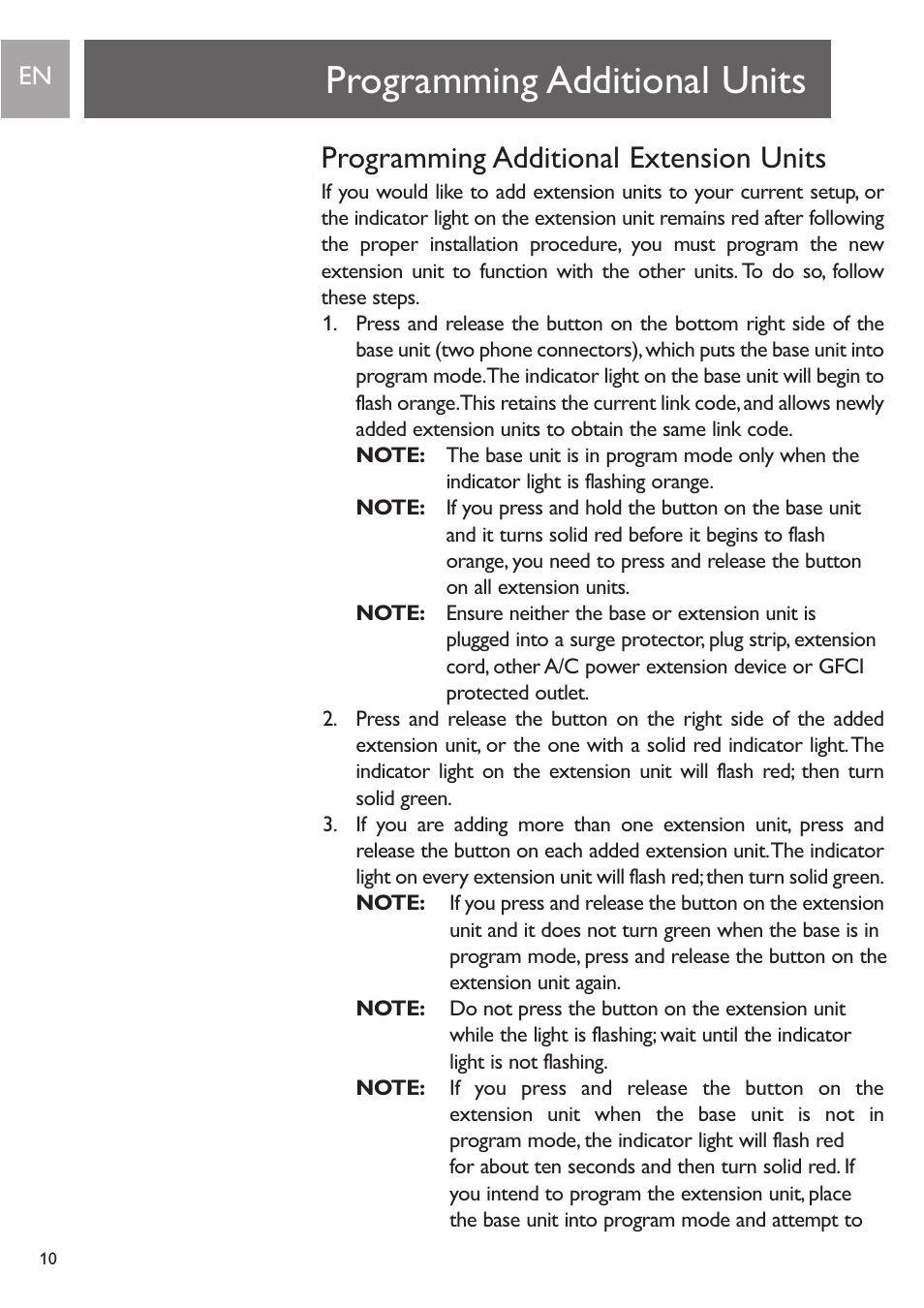 Programming additional units, Programming additional extension units | Philips PH0900L User Manual | Page 10 / 29