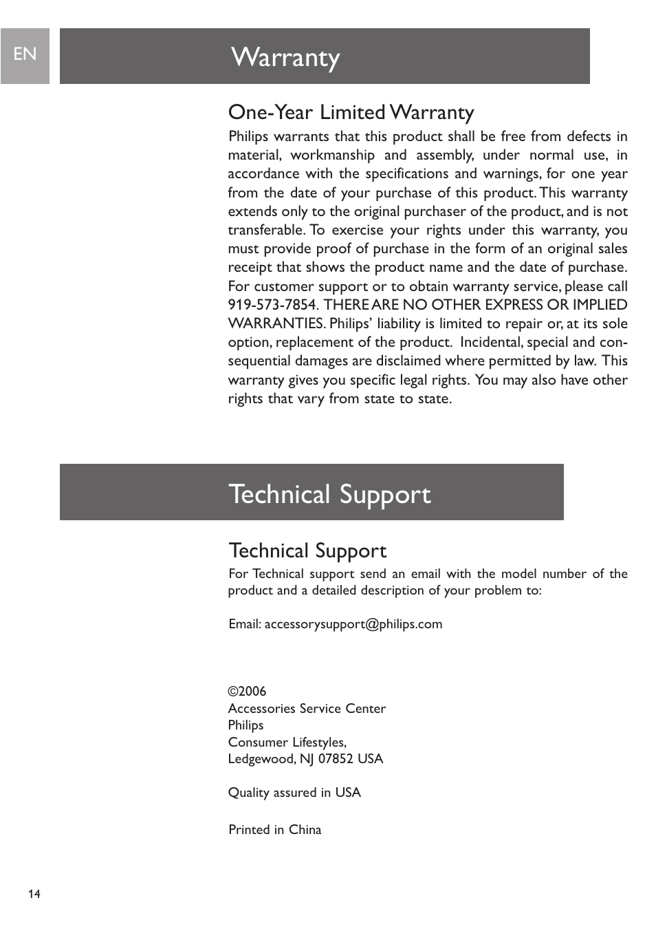 Warranty, One-year limited warranty, Technical support | Philips PH0900L User Manual | Page 14 / 29