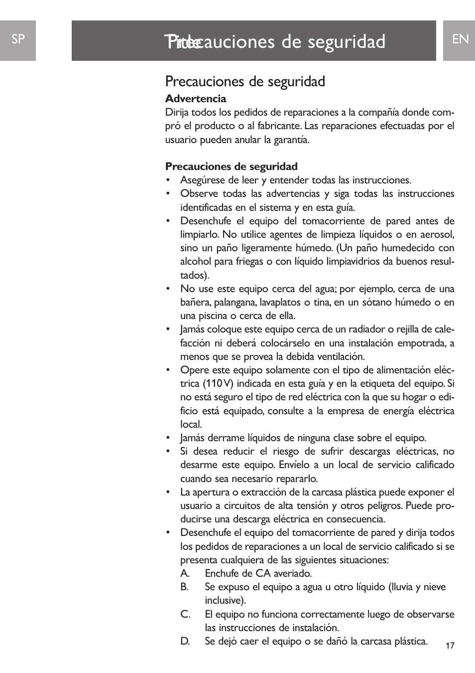 Title, Precauciones de seguridad | Philips PH0900L User Manual | Page 17 / 29