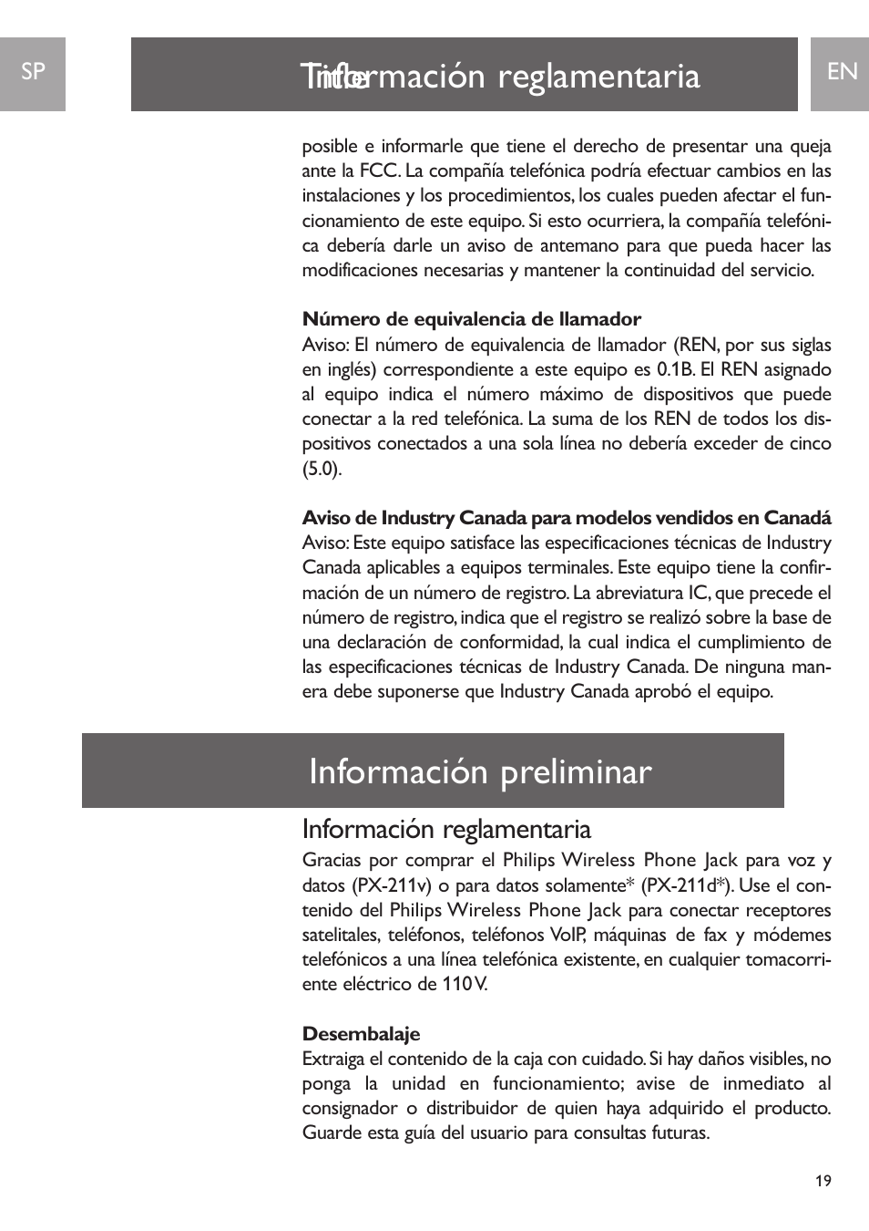 Title, Información reglamentaria información preliminar, Información reglamentaria | Philips PH0900L User Manual | Page 19 / 29