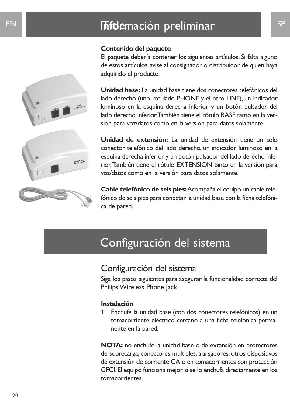 Title, Información preliminar, Configuración del sistema | Philips PH0900L User Manual | Page 20 / 29