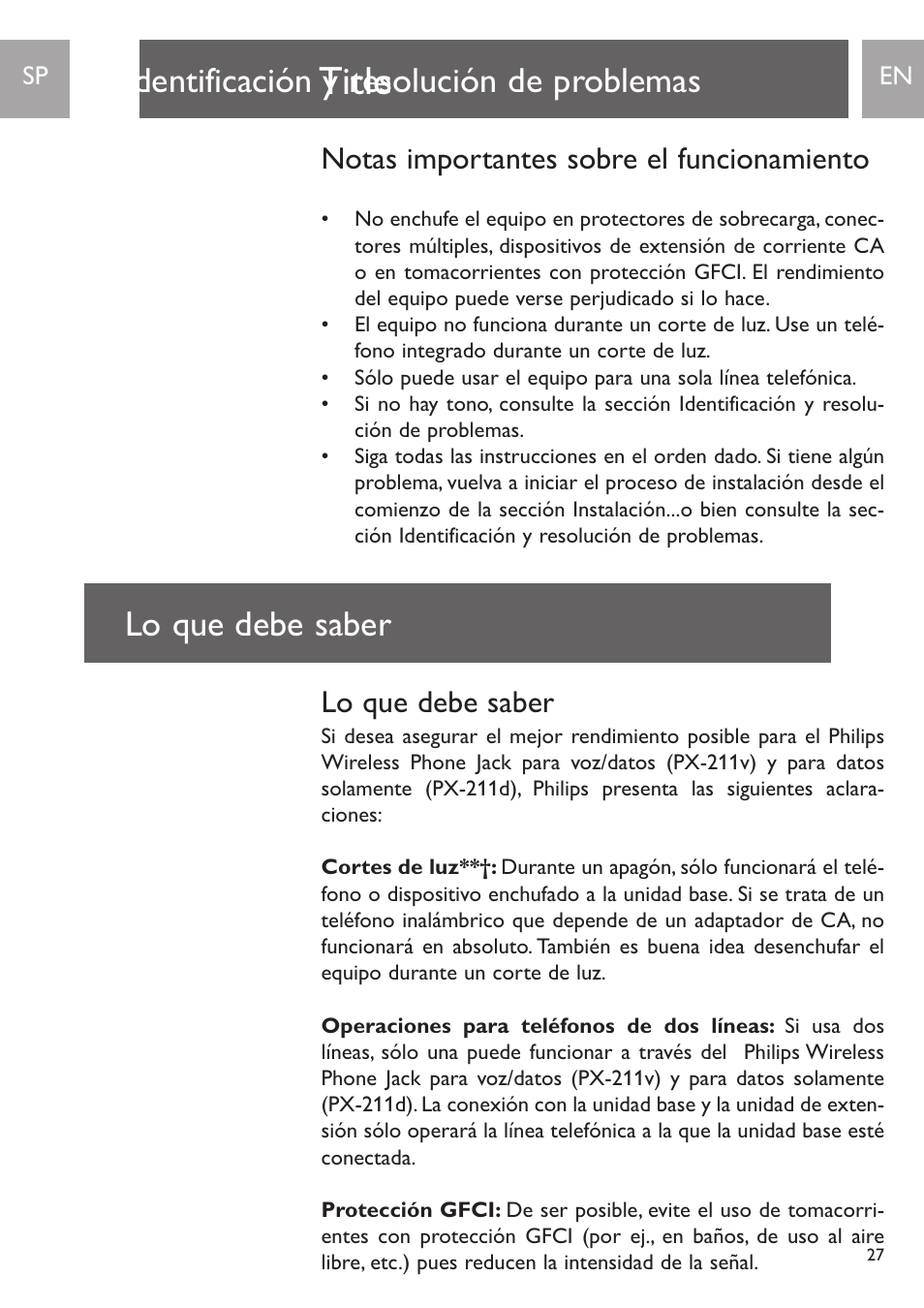 Title, Identificación y resolución de problemas, Notas importantes sobre el funcionamiento | Lo que debe saber | Philips PH0900L User Manual | Page 27 / 29