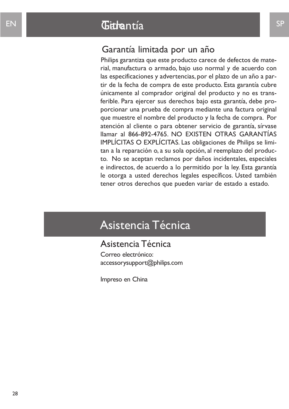 Title, Garantía, Garantía limitada por un año | Asistencia técnica | Philips PH0900L User Manual | Page 28 / 29