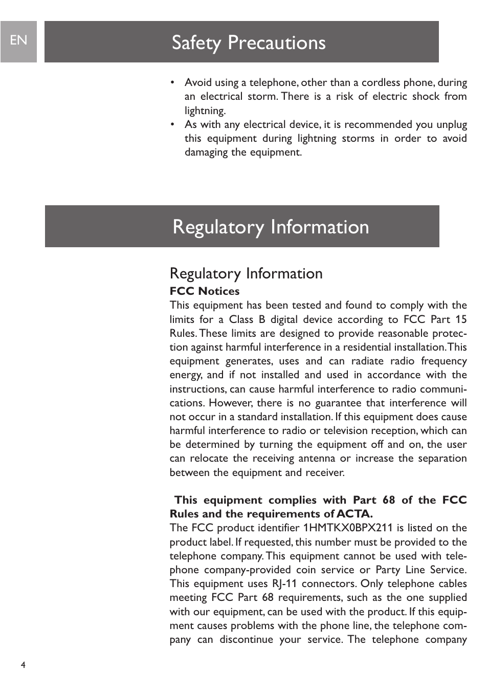 Safety precautions, Regulatory information | Philips PH0900L User Manual | Page 4 / 29