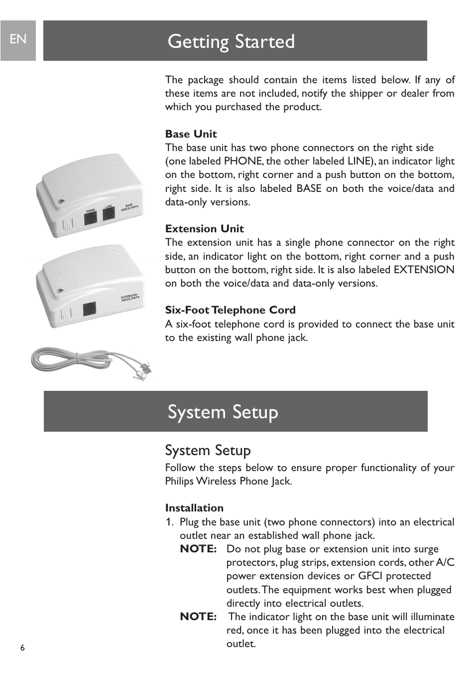 Getting started, System setup | Philips PH0900L User Manual | Page 6 / 29