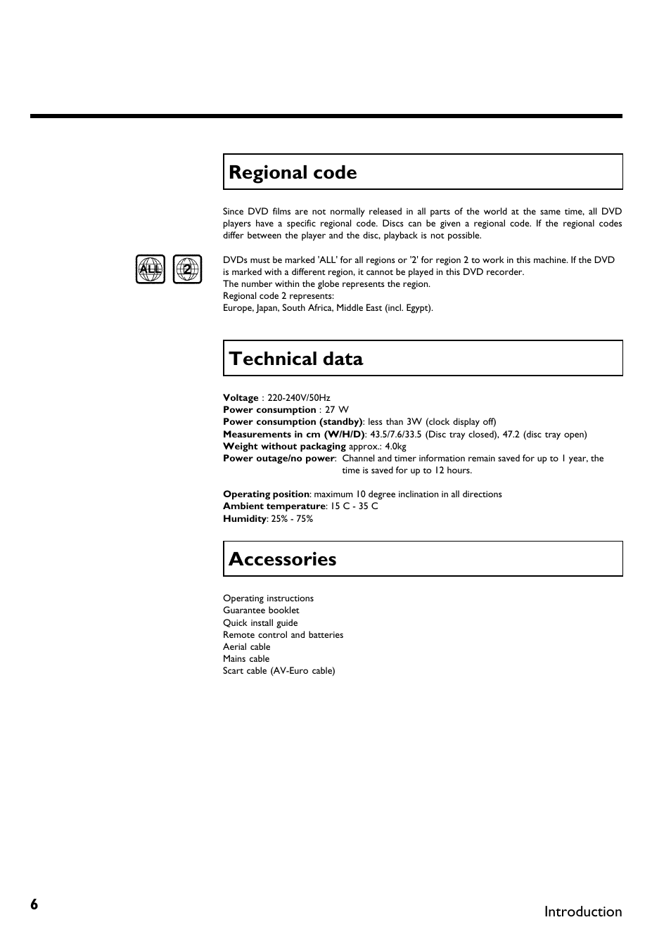 Regional code, Technical data, Accessories | Regionalcode, Technicaldata | Philips DVDR75/021 User Manual | Page 12 / 87
