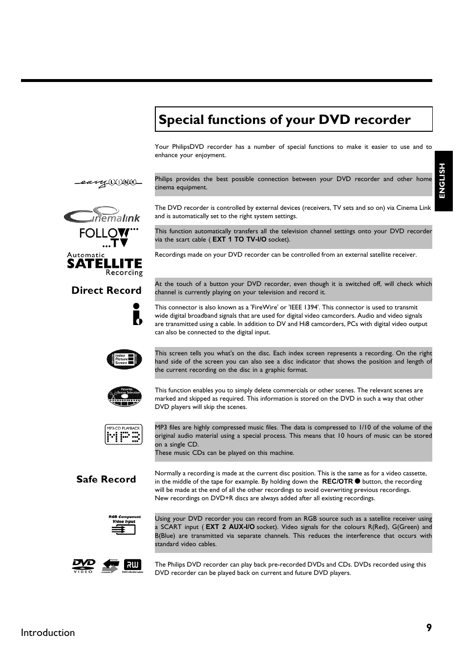 Special functions of your dvd recorder, Specialfunctions of your dvd recorder, Introduction | Philips DVDR75/021 User Manual | Page 15 / 87