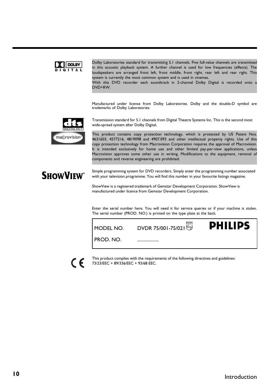 Introduction | Philips DVDR75/021 User Manual | Page 16 / 87