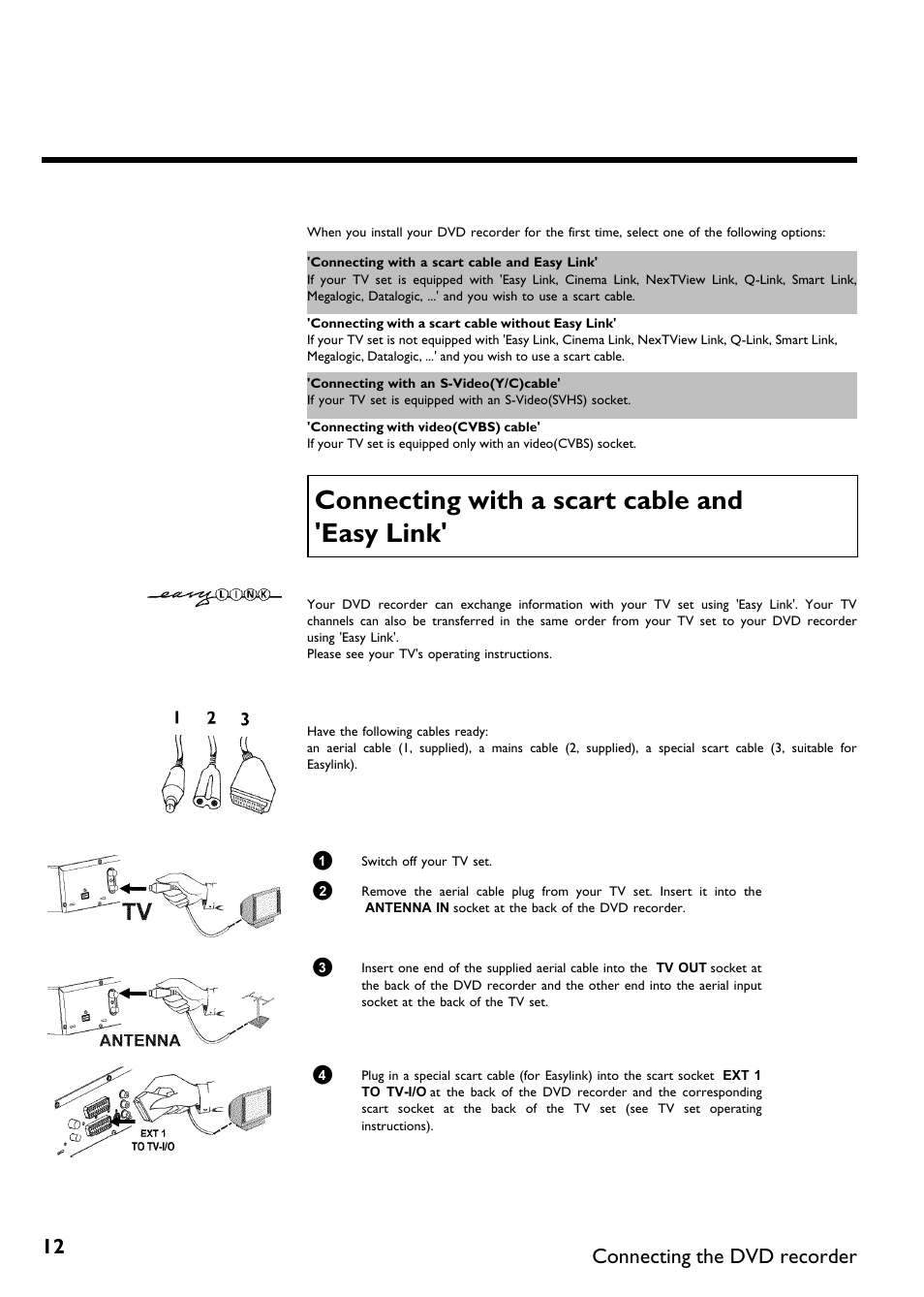 Connecting with a scart cable and 'easy link, Connecting the dvd recorder | Philips DVDR75/021 User Manual | Page 18 / 87