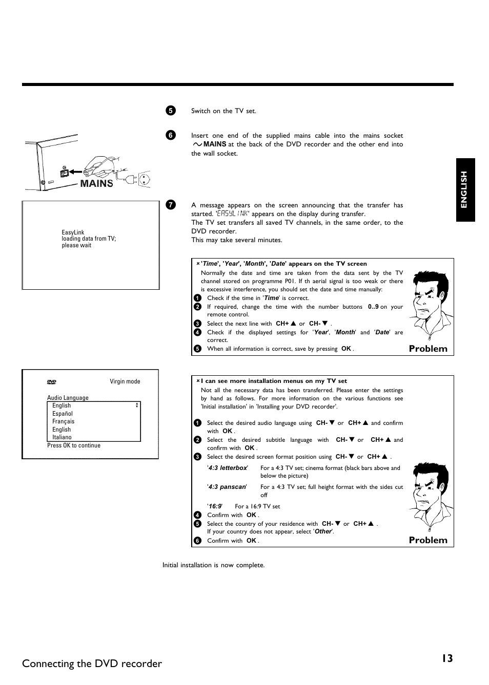 Connecting the dvd recorder, Problem | Philips DVDR75/021 User Manual | Page 19 / 87