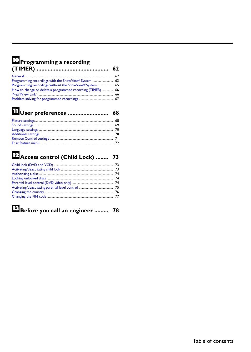 Programming a recording (timer) 62, User preferences 68, Access control(child lock) 73 | Philips DVDR75/021 User Manual | Page 2 / 87