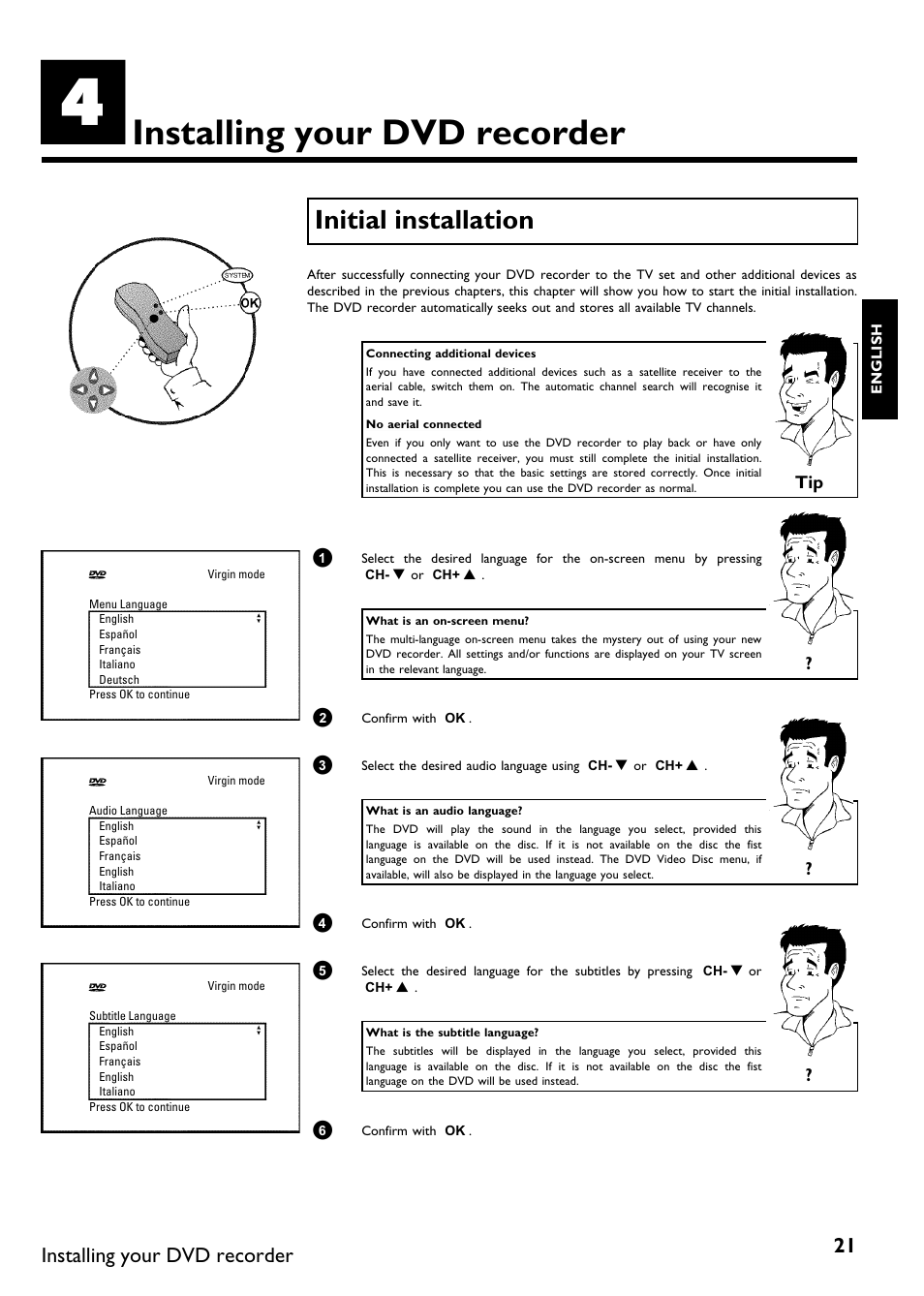 Installing your dvd recorder, Initial installation | Philips DVDR75/021 User Manual | Page 27 / 87