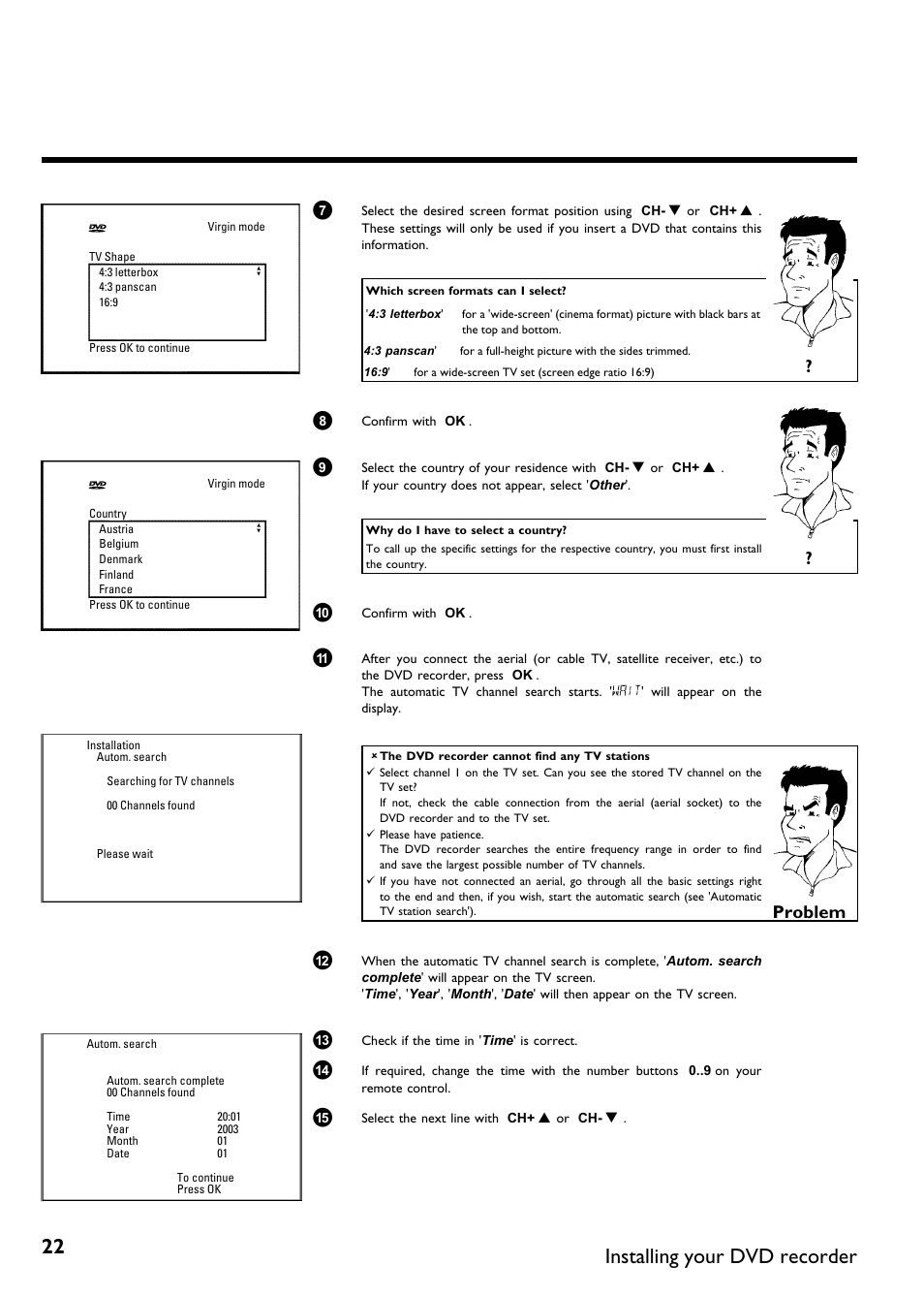 Installing your dvd recorder, Problem | Philips DVDR75/021 User Manual | Page 28 / 87