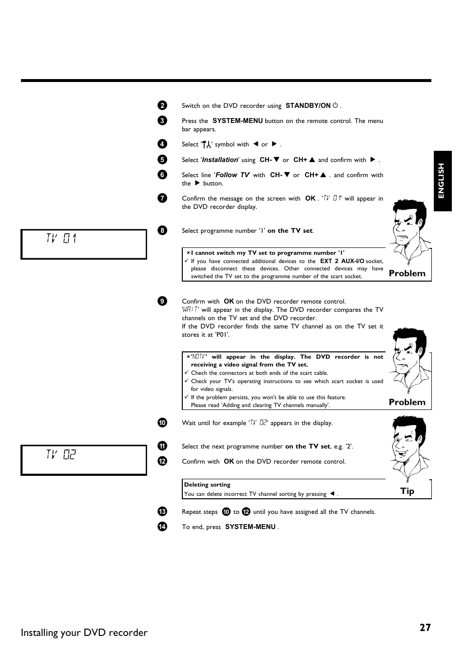 Tv 01, Tv 02, Installing your dvd recorder | Problem | Philips DVDR75/021 User Manual | Page 33 / 87