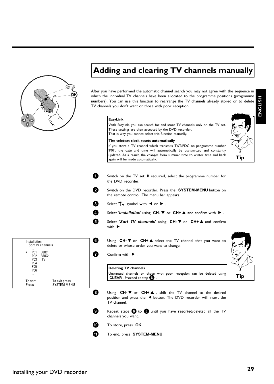 Adding and clearing tv channels manually, Installing your dvd recorder | Philips DVDR75/021 User Manual | Page 35 / 87