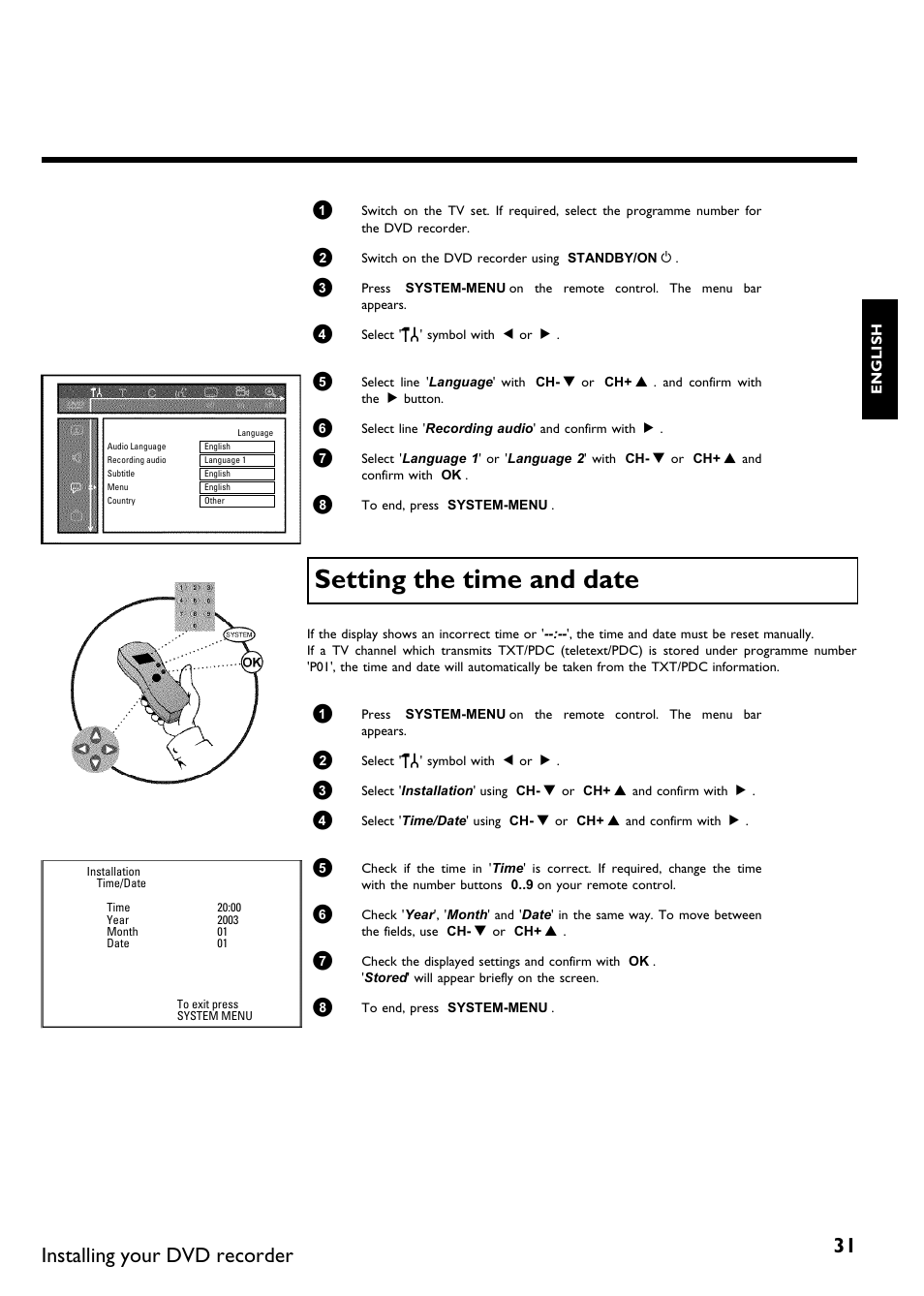 Setting the time and date, Installing your dvd recorder | Philips DVDR75/021 User Manual | Page 37 / 87