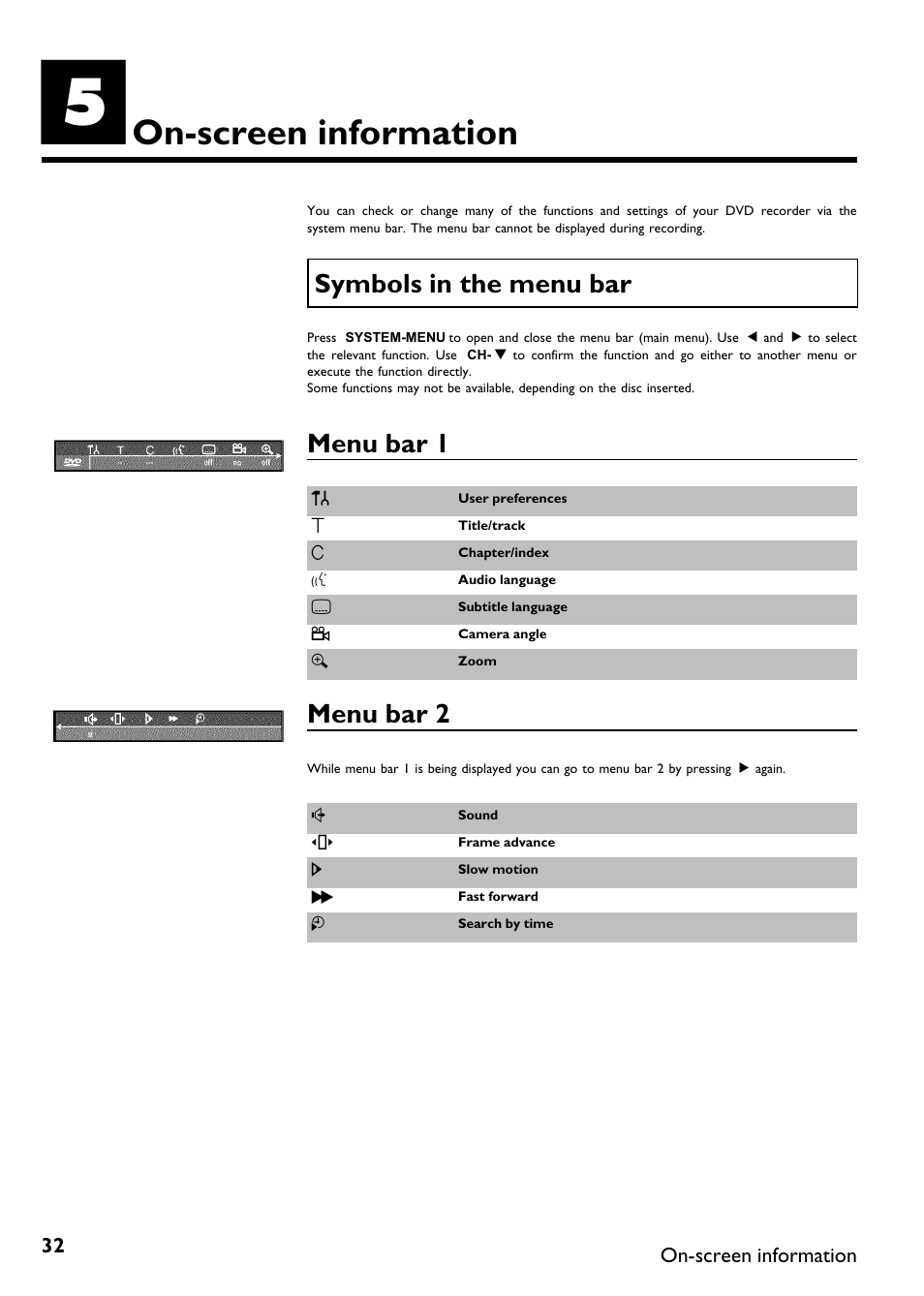 On screen information, Symbols in the menu bar, Menu bar 1 | Menu bar 2 | Philips DVDR75/021 User Manual | Page 38 / 87