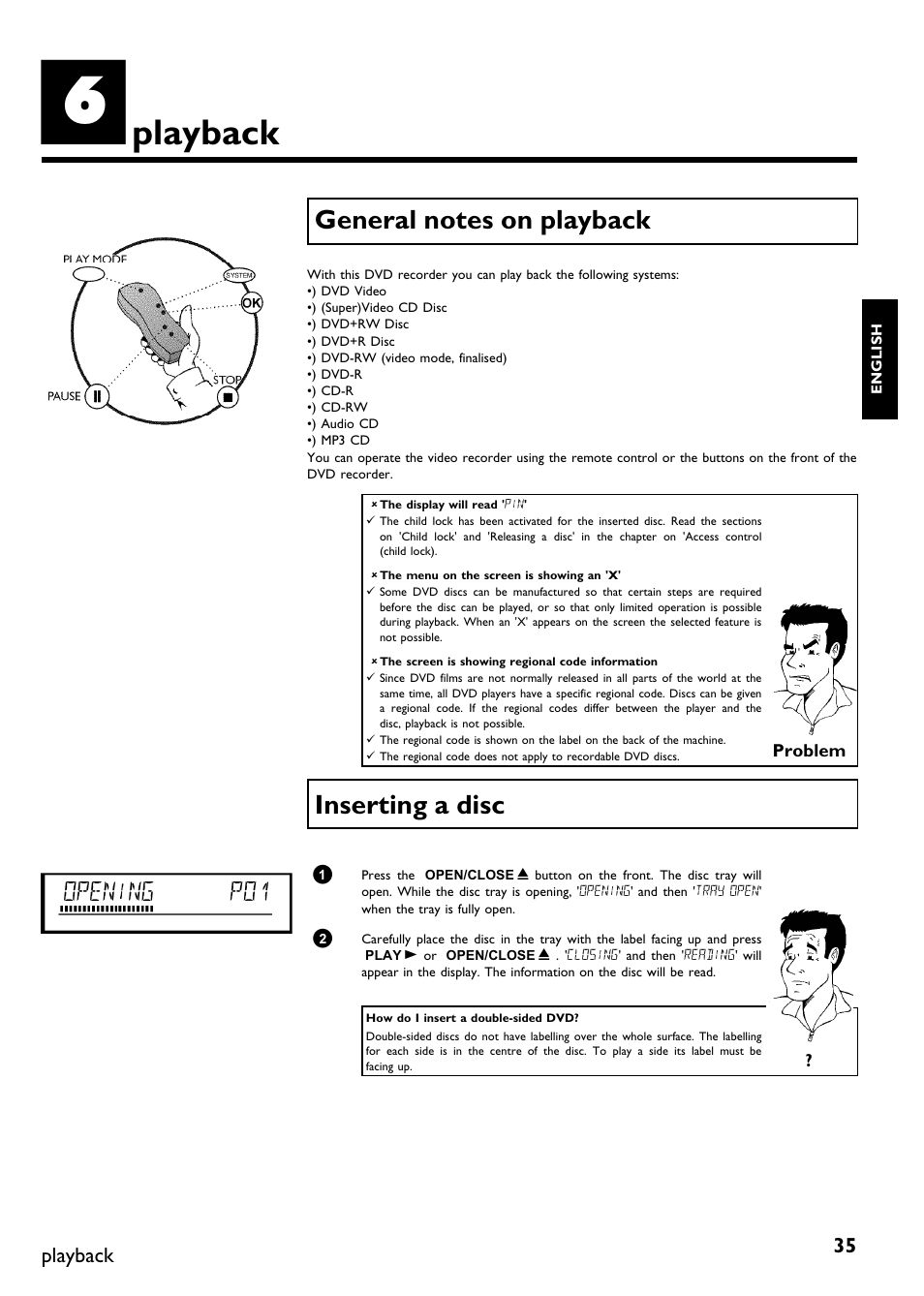 Playback, General notes on playback, Inserting a disc | Opening p01 | Philips DVDR75/021 User Manual | Page 41 / 87