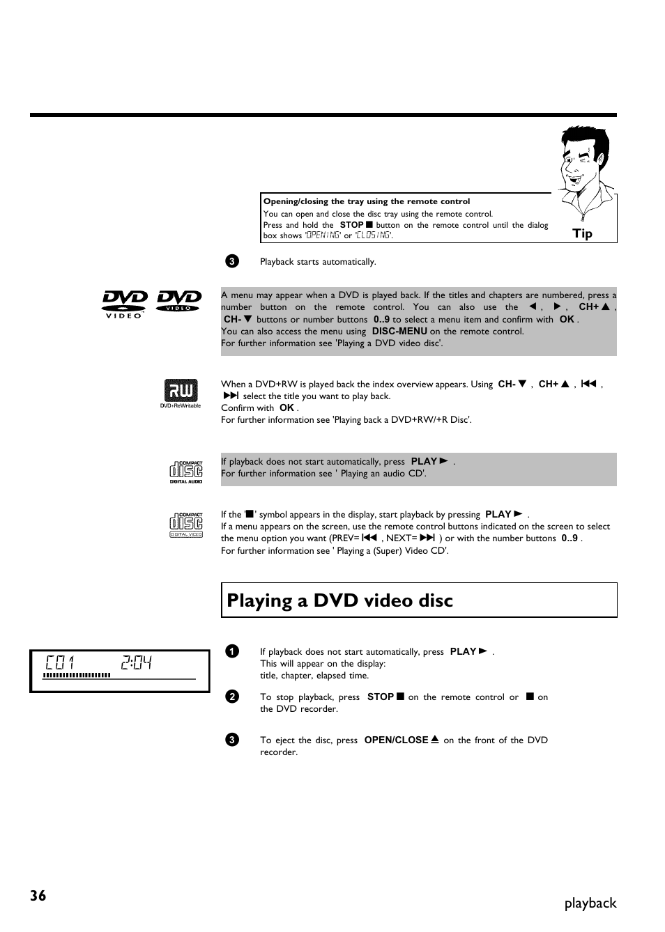 Playing a dvd video disc, Playback | Philips DVDR75/021 User Manual | Page 42 / 87
