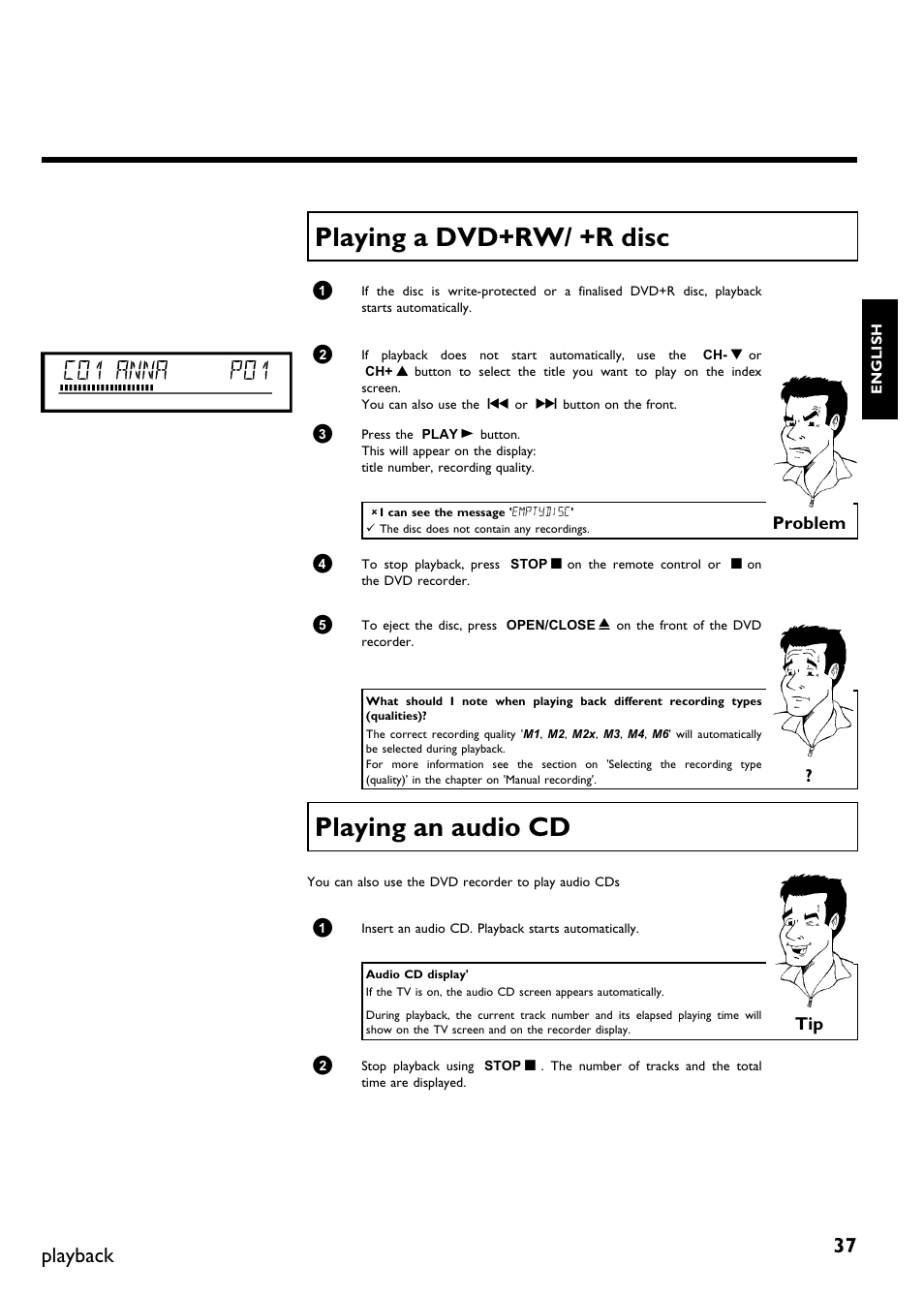 Playing a dvd+rw/ +r disc, Playing an audio cd, C01 anna p01 | Playback | Philips DVDR75/021 User Manual | Page 43 / 87