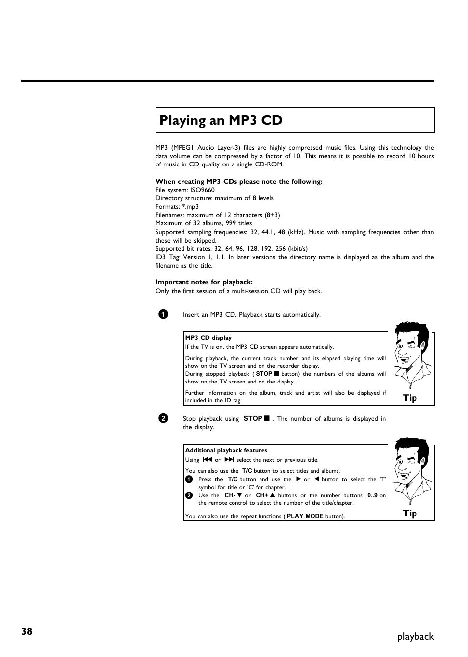 Playing an mp3 cd, Playback | Philips DVDR75/021 User Manual | Page 44 / 87