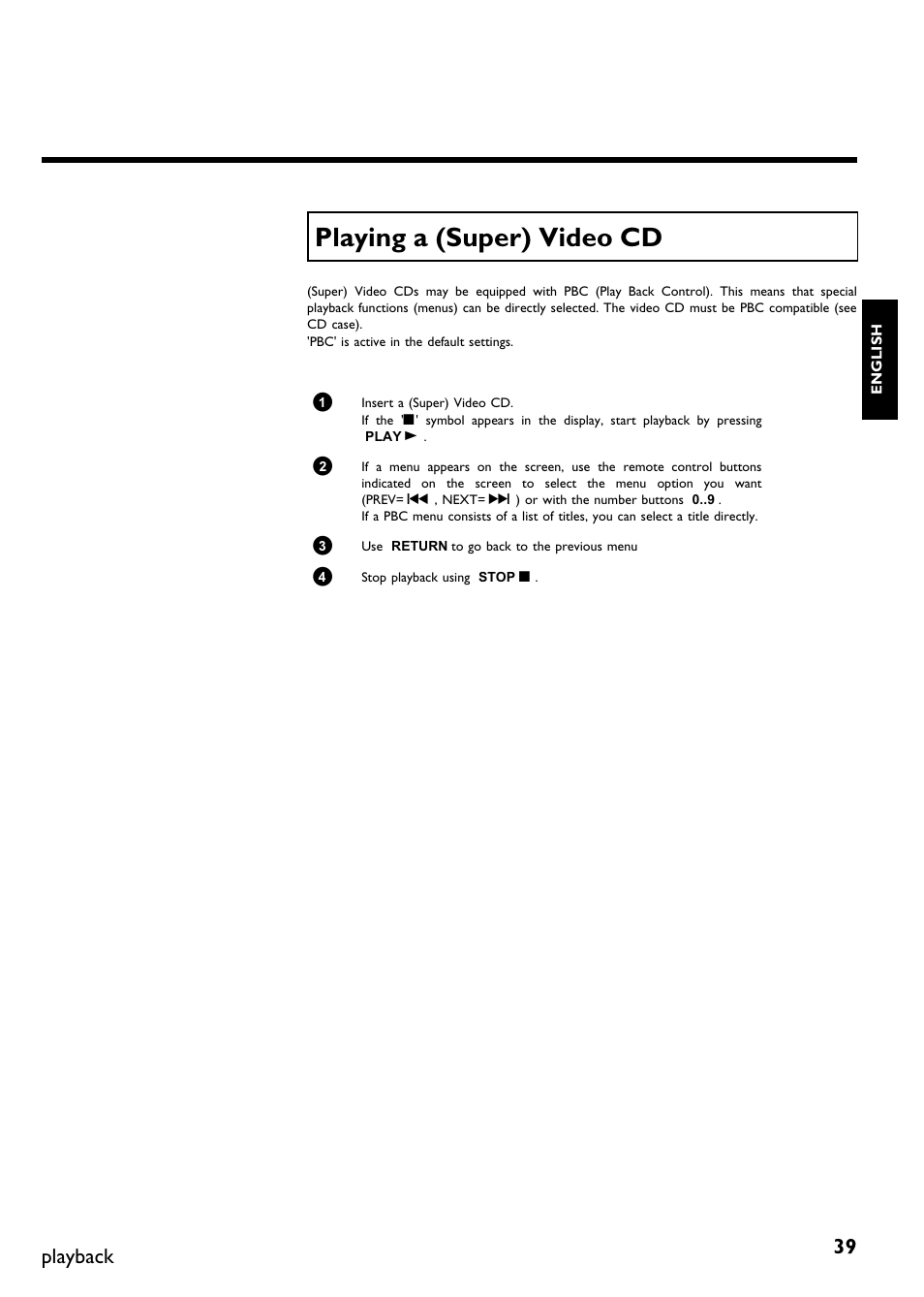 Playing a (super) video cd, Playback | Philips DVDR75/021 User Manual | Page 45 / 87