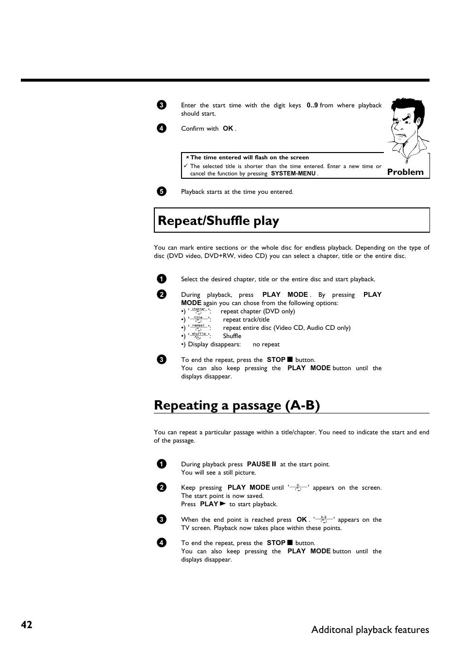 Repeat/shuffle play, Repeating a passage (a-b), Repeating a passage (a b) | Additonal playback features | Philips DVDR75/021 User Manual | Page 48 / 87