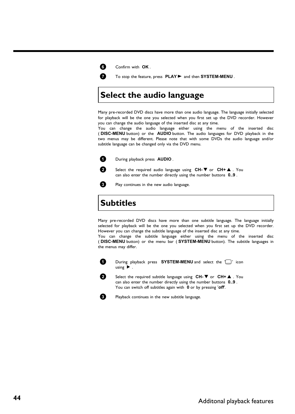 Select the audio language, Subtitles, Additonal playback features | Philips DVDR75/021 User Manual | Page 50 / 87