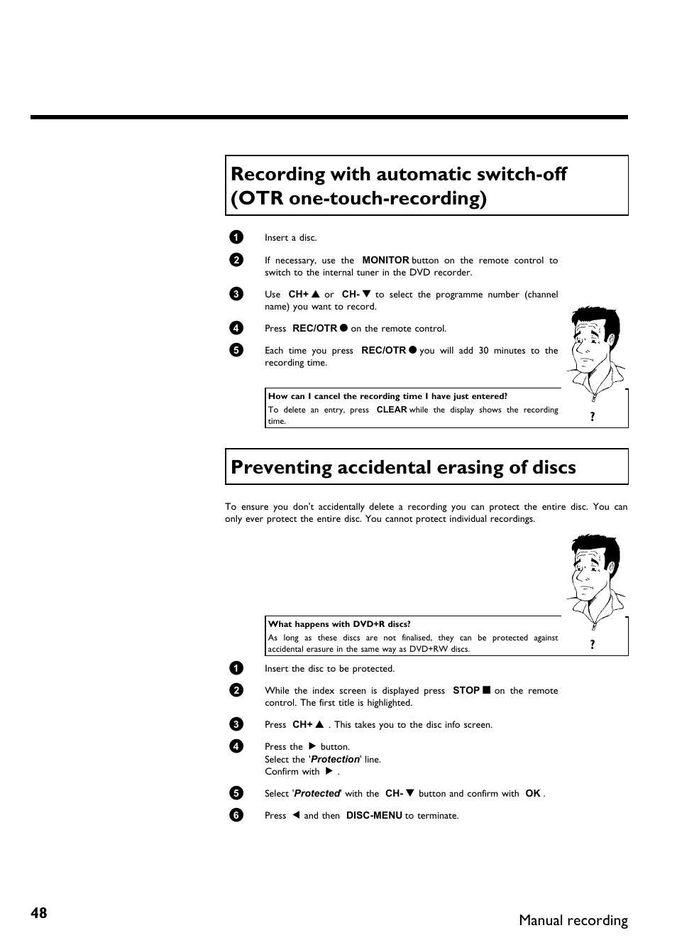 Preventing accidental erasing of discs, Preventing accidentalerasing of discs, Manual recording | Philips DVDR75/021 User Manual | Page 54 / 87