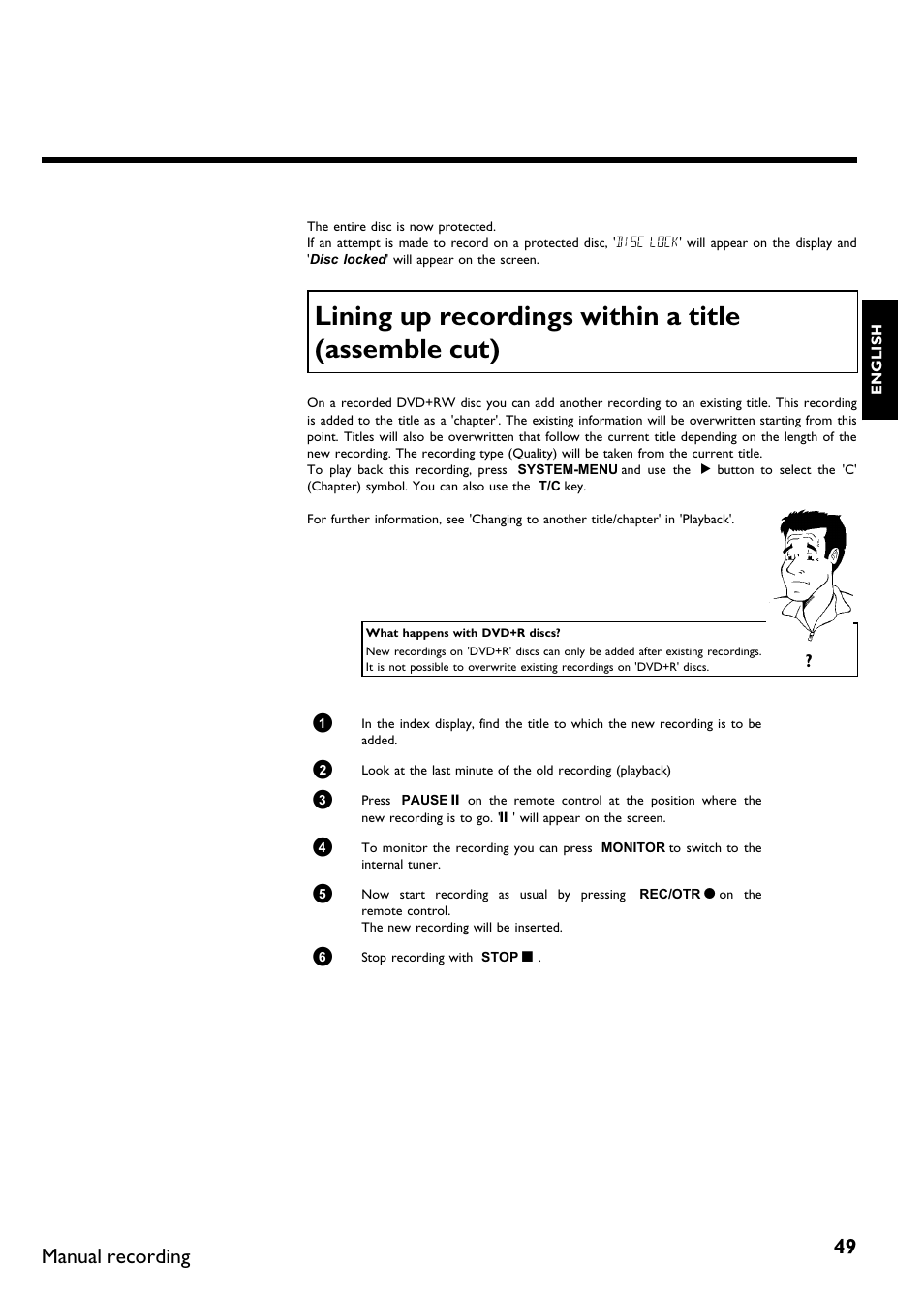 Lining up recordings within a title (assemble cut), Manual recording | Philips DVDR75/021 User Manual | Page 55 / 87