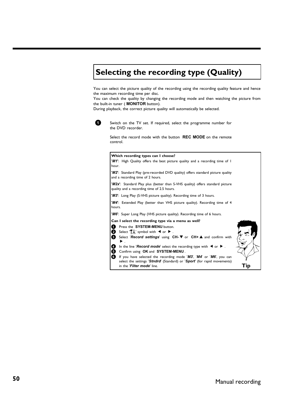 Selecting the recording type (quality), Manual recording | Philips DVDR75/021 User Manual | Page 56 / 87