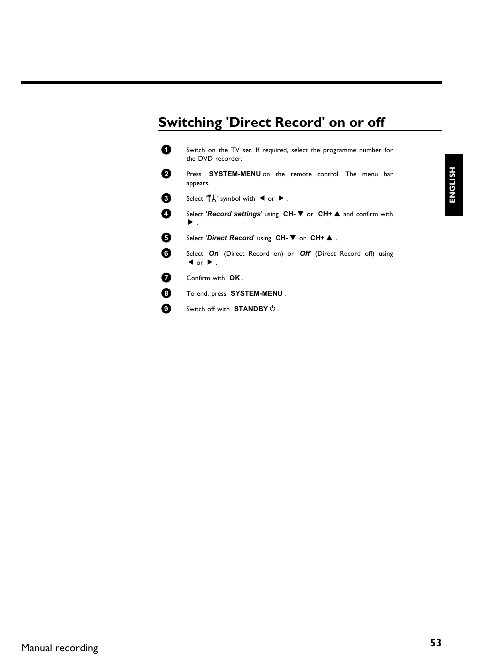 Switching 'direct record' on or off, Manual recording | Philips DVDR75/021 User Manual | Page 59 / 87