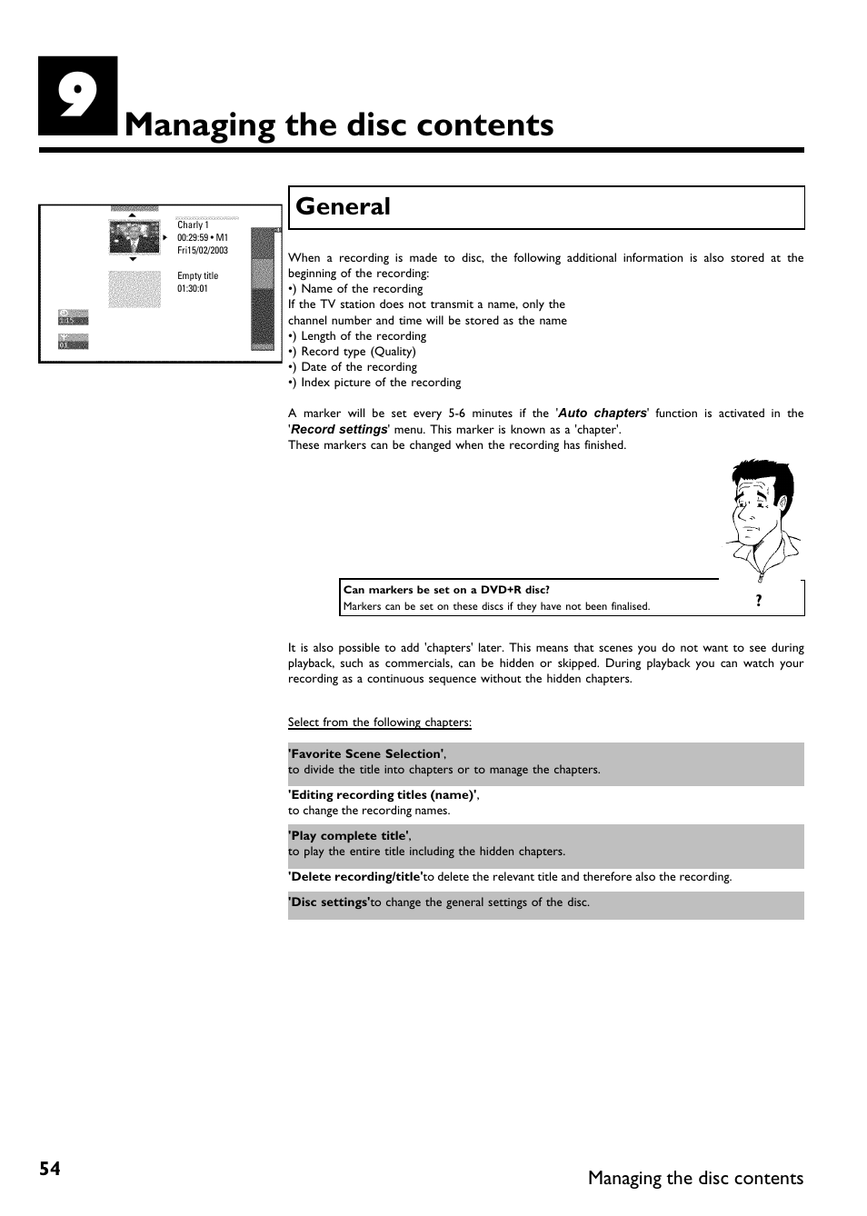 Managing the disc contents, General | Philips DVDR75/021 User Manual | Page 60 / 87