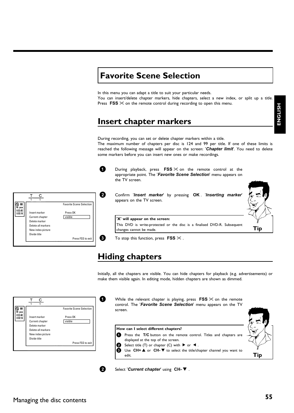Favorite scene selection, Insert chapter markers, Hiding chapters | Managing the disc contents | Philips DVDR75/021 User Manual | Page 61 / 87