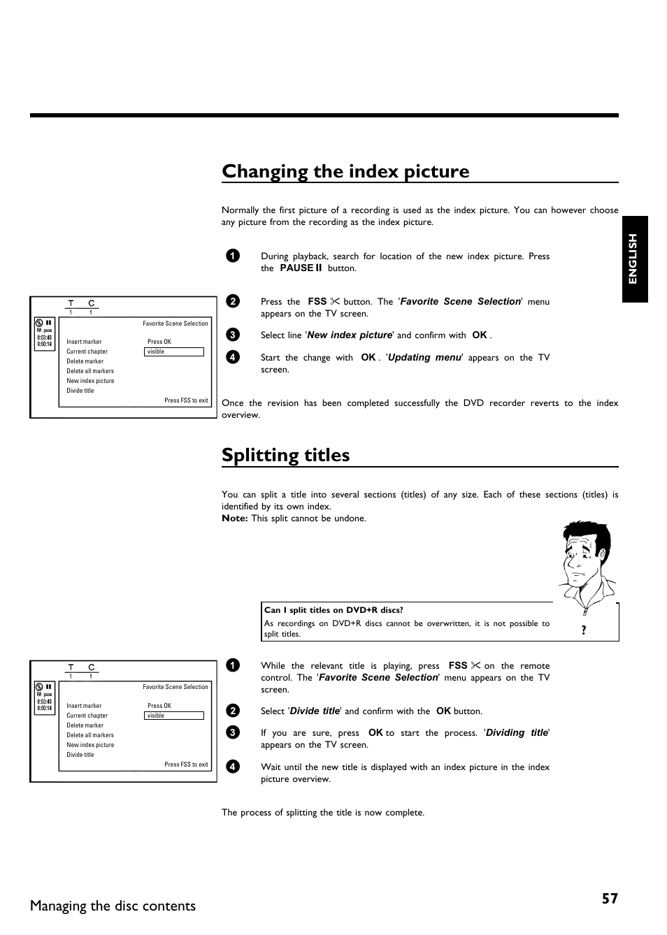 Changing the index picture, Splitting titles, Managing the disc contents | Philips DVDR75/021 User Manual | Page 63 / 87