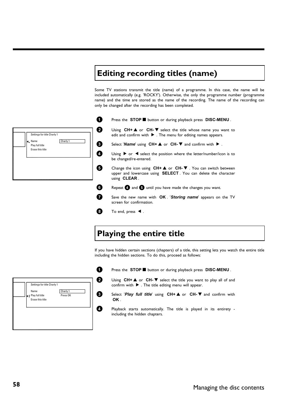 Editing recording titles (name), Playing the entire title, Managing the disc contents | Philips DVDR75/021 User Manual | Page 64 / 87