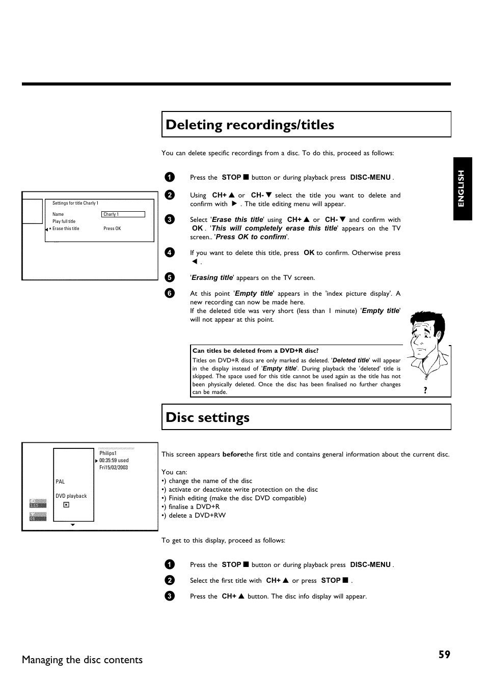 Deleting recordings/titles, Disc settings, Managing the disc contents | Philips DVDR75/021 User Manual | Page 65 / 87