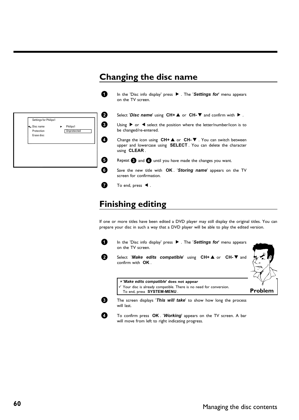 Changing the disc name, Finishing editing, Managing the disc contents | Problem | Philips DVDR75/021 User Manual | Page 66 / 87