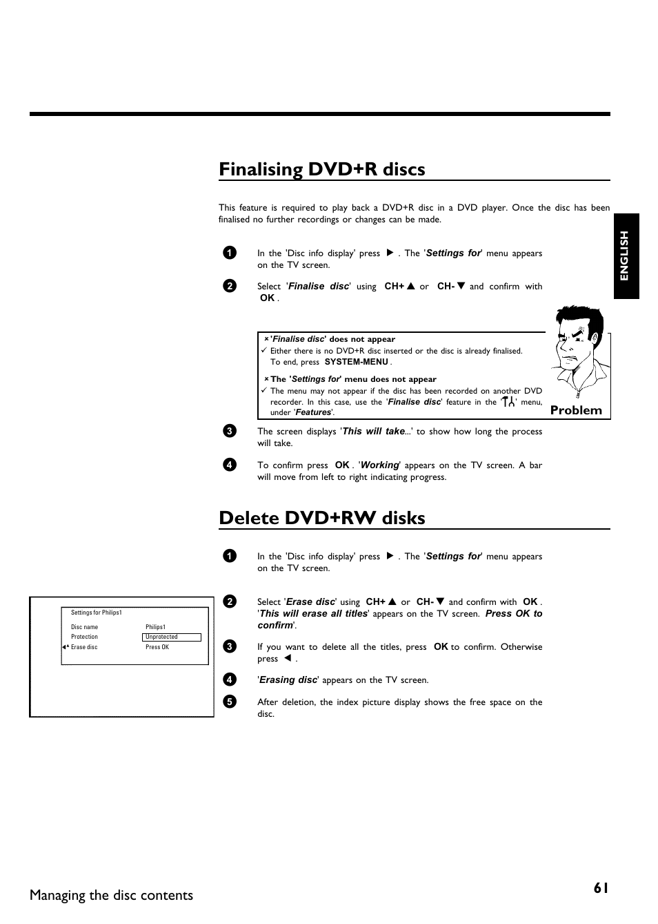 Finalising dvd+r discs, Delete dvd+rw disks, Managing the disc contents | Problem | Philips DVDR75/021 User Manual | Page 67 / 87