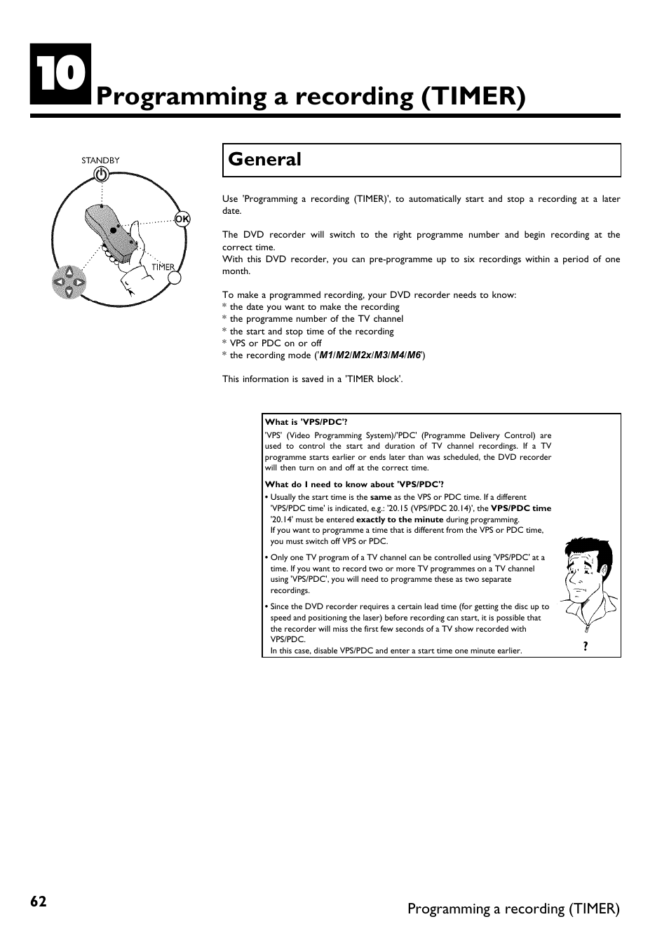 Programming a recording, Timer), General | Programming a recording (timer) | Philips DVDR75/021 User Manual | Page 68 / 87