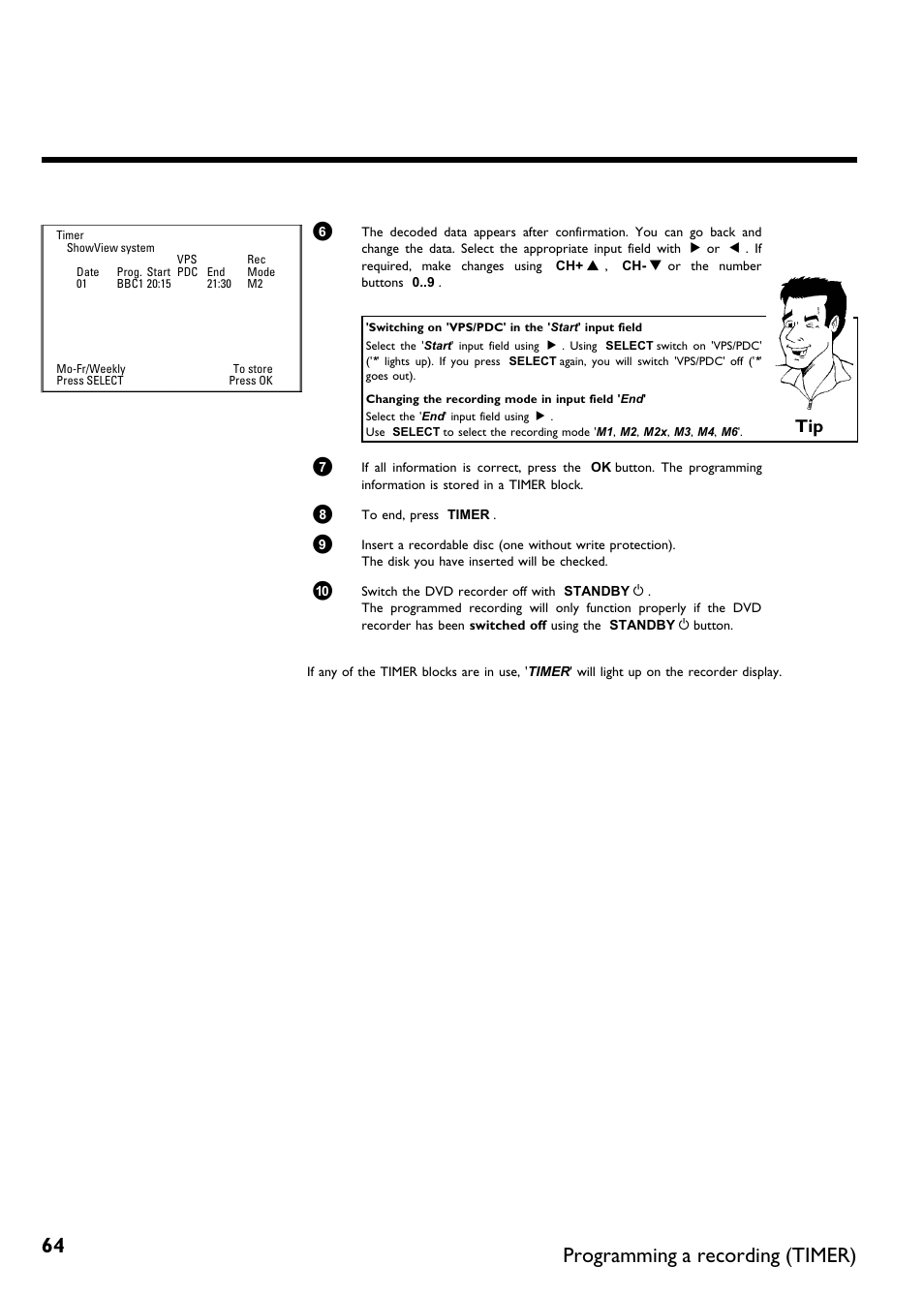 Programming a recording (timer) | Philips DVDR75/021 User Manual | Page 70 / 87