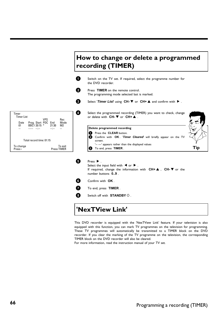 Nextview link, Programming a recording (timer) | Philips DVDR75/021 User Manual | Page 72 / 87