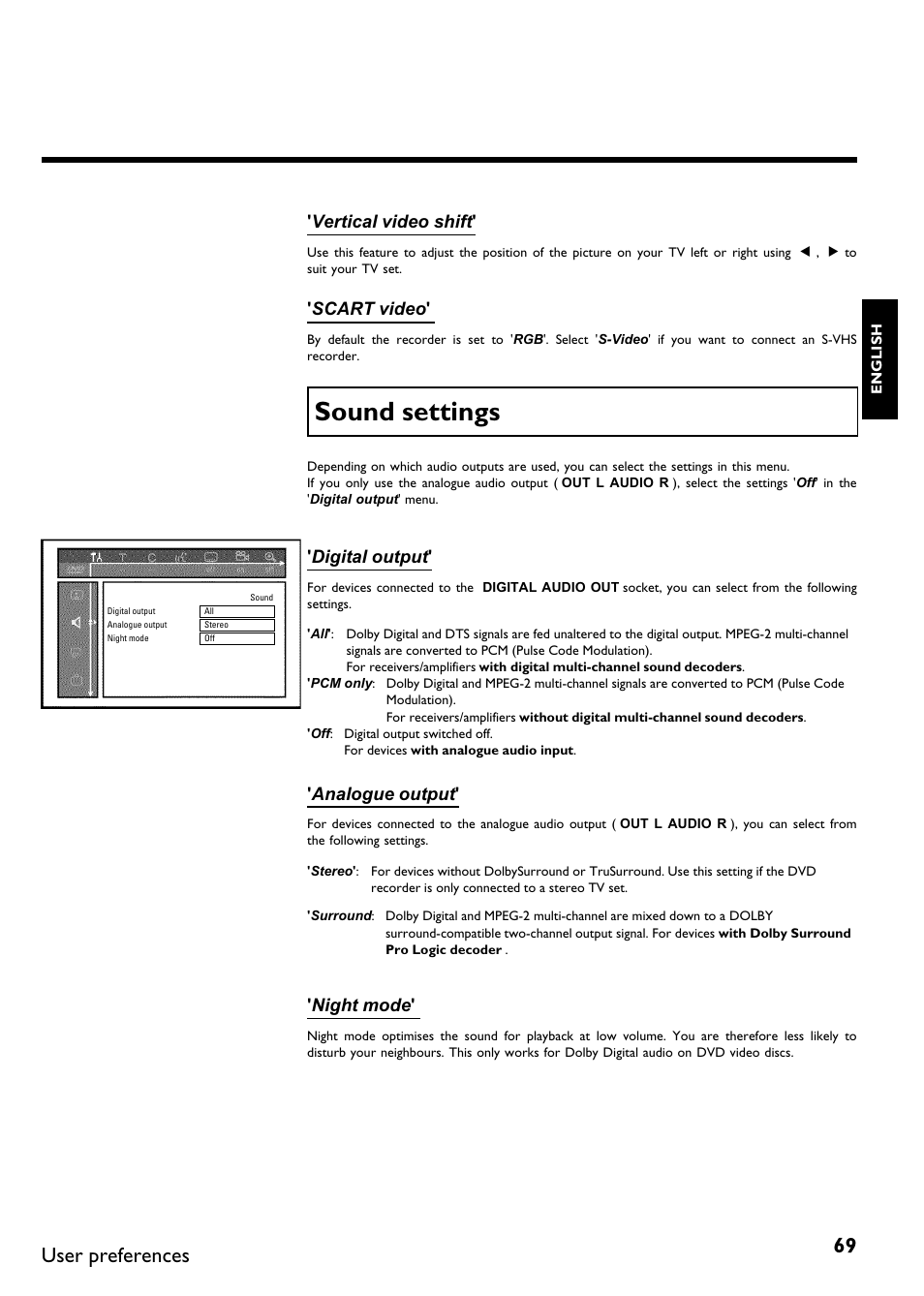 Sound settings, User preferences | Philips DVDR75/021 User Manual | Page 75 / 87